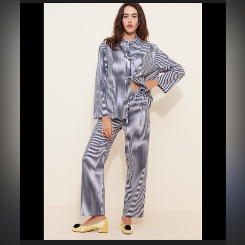 NWOT Sleeper Cotton-Poplin Set navy white $328 stripes bow front spring Casual